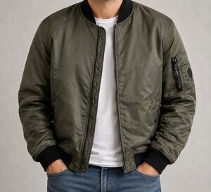 GUESS Men’s Bomber Jacket Olive Green Military Full Zip Size Medium
